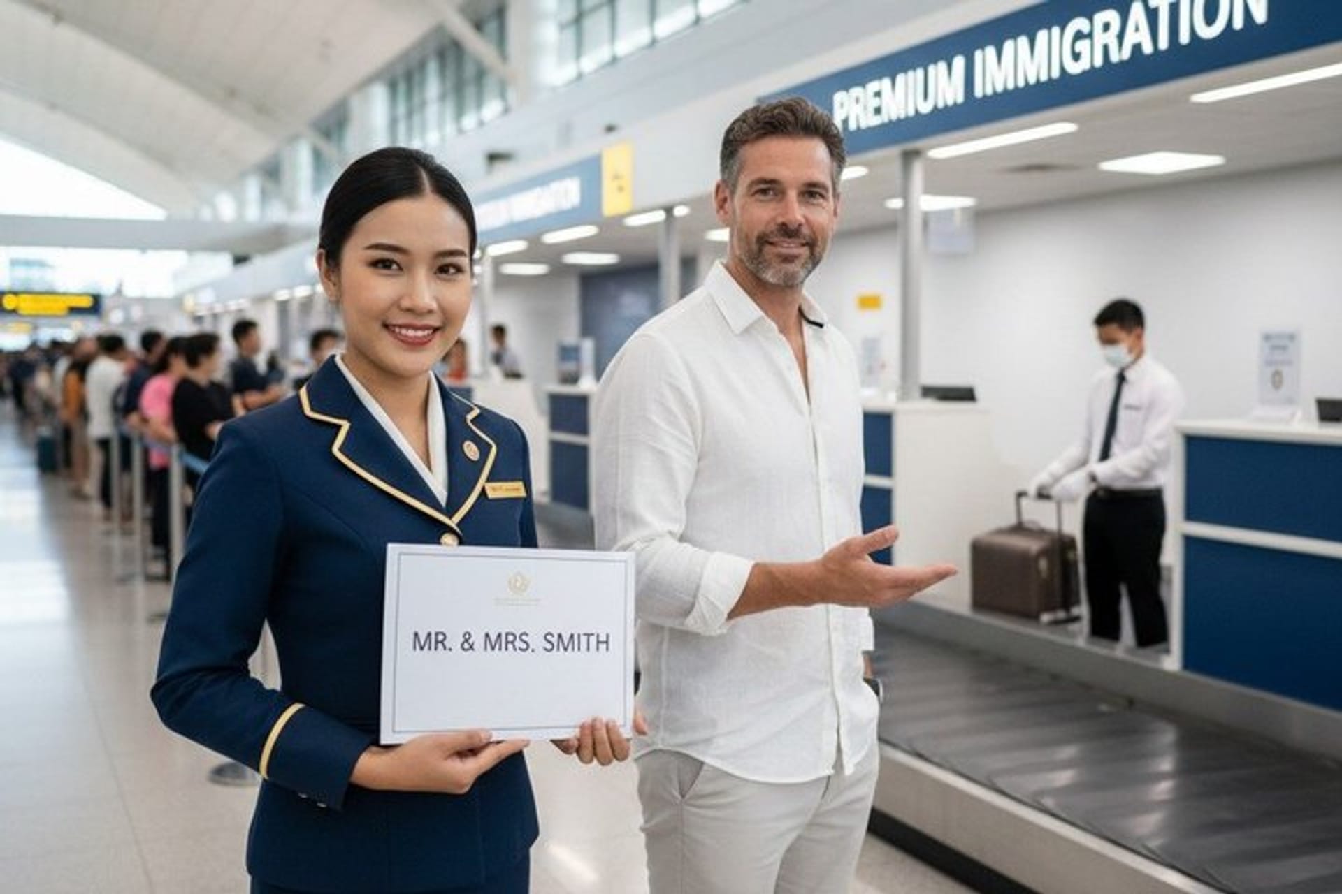 VIP airport concierge assisting traveler at terminal