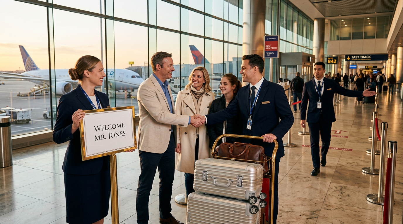 VIP airport concierge assisting traveler at terminal